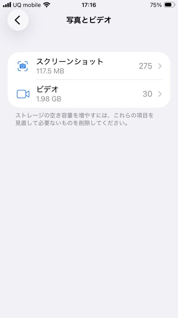 iPhone SE第2世代で写真276枚とビデオ30本の保存状況を確認した画面