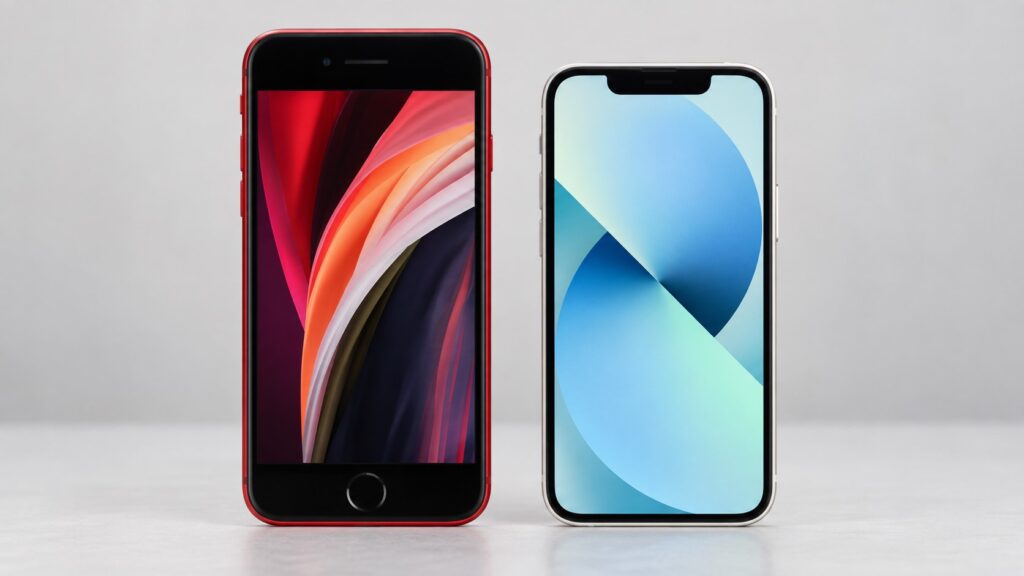 iPhone SE 2 REDとiPhone 13 mini白の本体サイズを比較した画像